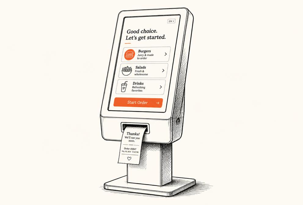Hand-drawn illustration of a self-service ordering kiosk