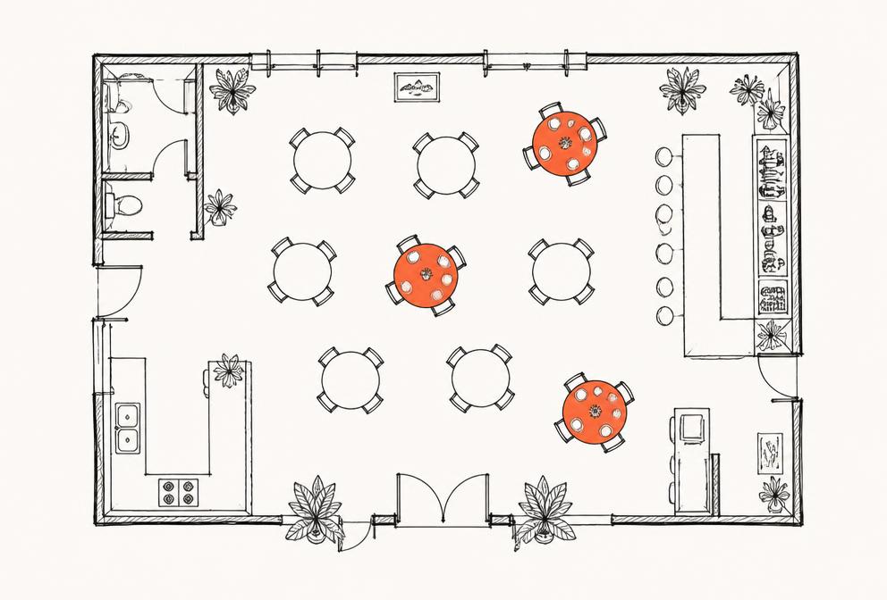Hand-drawn restaurant floor plan with occupied tables
